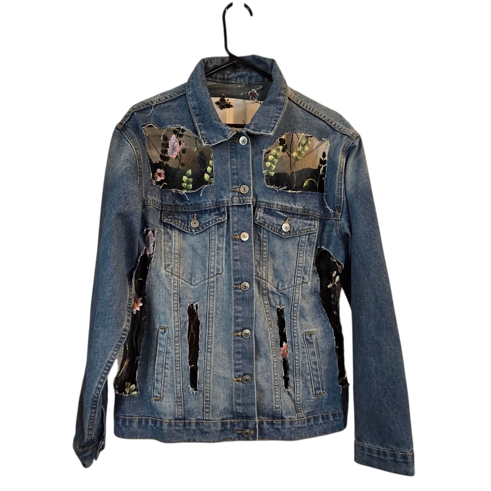 Floral Embellished Blue Denim Jacket